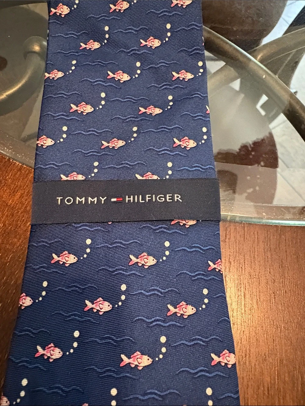 Tommy Hilfiger Navy Silk Tie with Pink Fish Motif